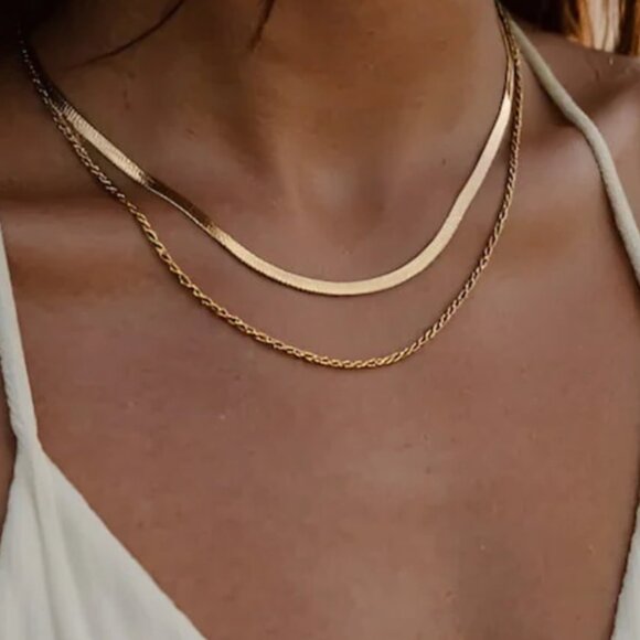 Layering Necklace Gold Stackable Herringbone Rope Chain Waterproof Herringbone - Picture 3 of 13